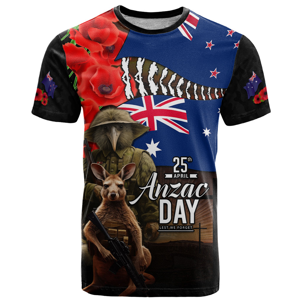 New Zealand and Australia ANZAC Day T Shirt National Flag mix Kiwi Bird and Kangaroo Soldier Style LT03 Black - Polynesian Pride