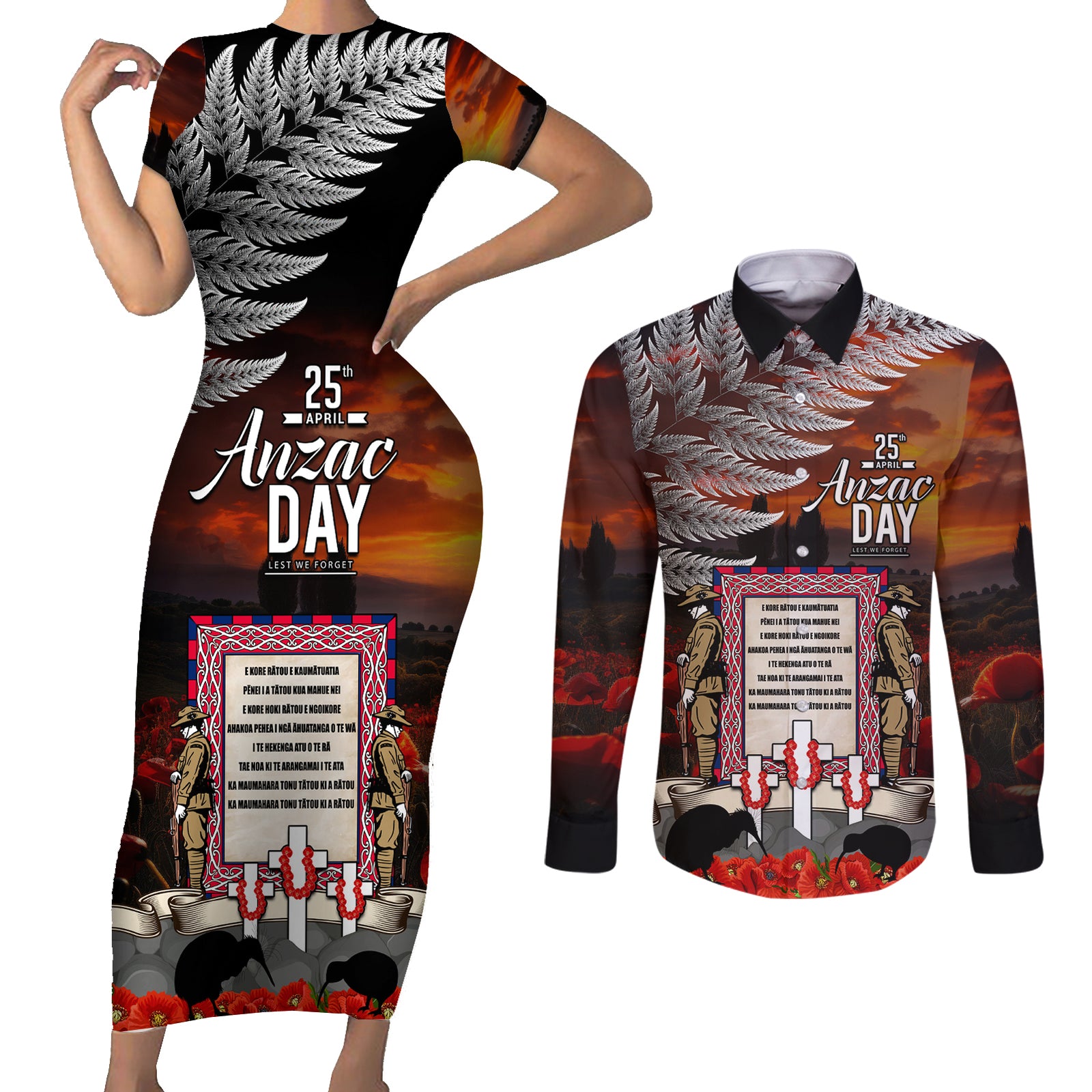 New Zealand ANZAC Day Couples Matching Short Sleeve Bodycon Dress and Long Sleeve Button Shirt The Ode of Remembrance and Silver Fern LT03 Black - Polynesian Pride