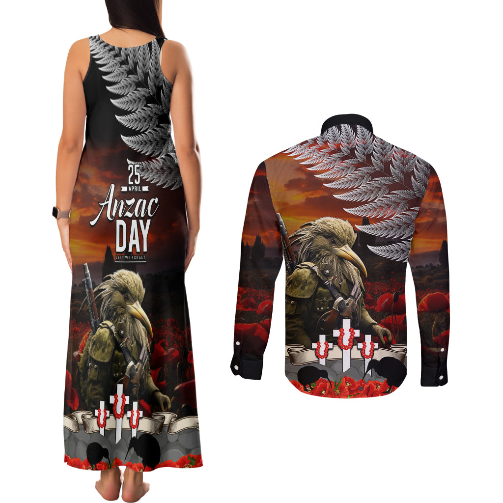 New Zealand ANZAC Day Couples Matching Tank Maxi Dress and Long Sleeve Button Shirt The Ode of Remembrance and Silver Fern LT03 - Polynesian Pride