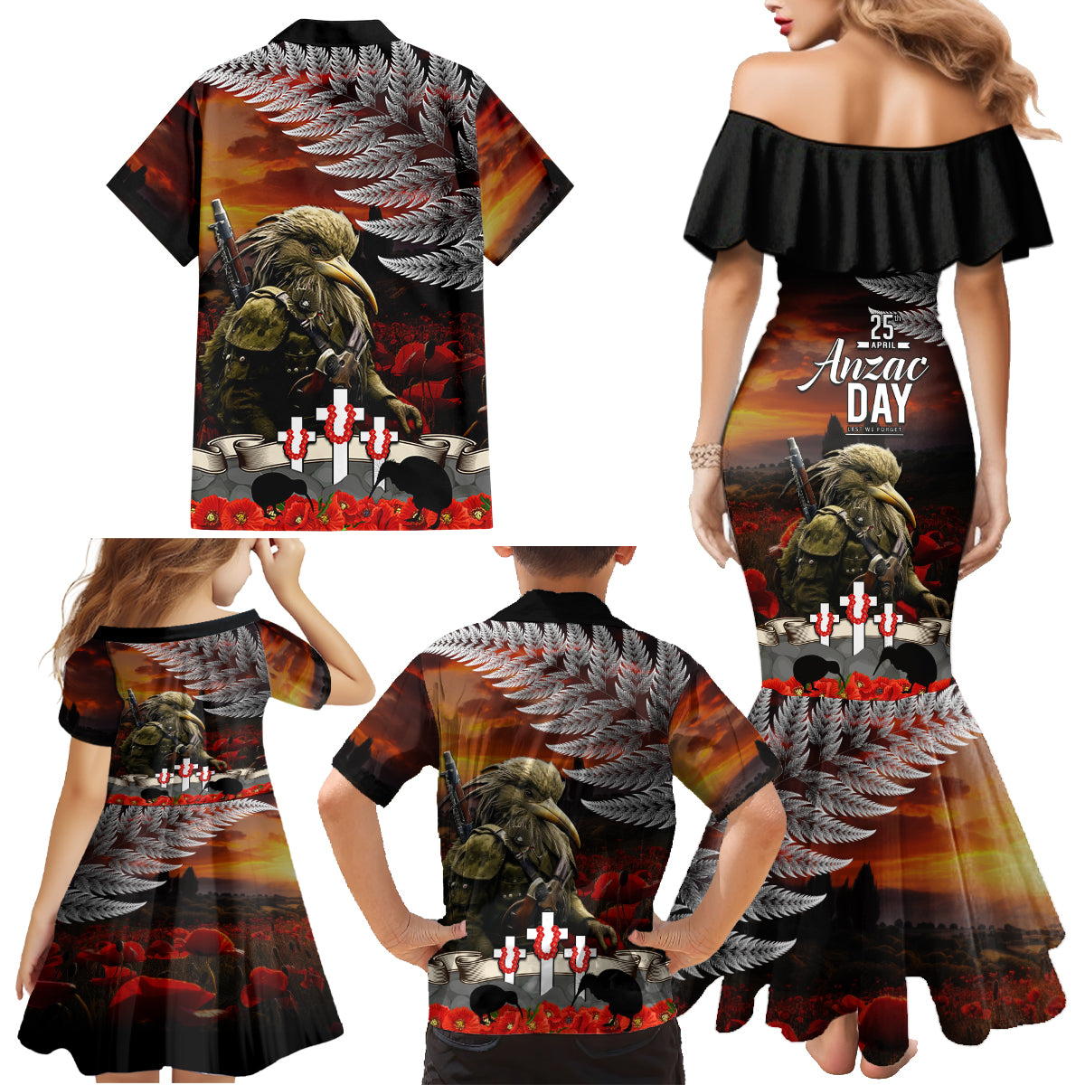 New Zealand ANZAC Day Family Matching Mermaid Dress and Hawaiian Shirt The Ode of Remembrance and Silver Fern LT03 - Polynesian Pride