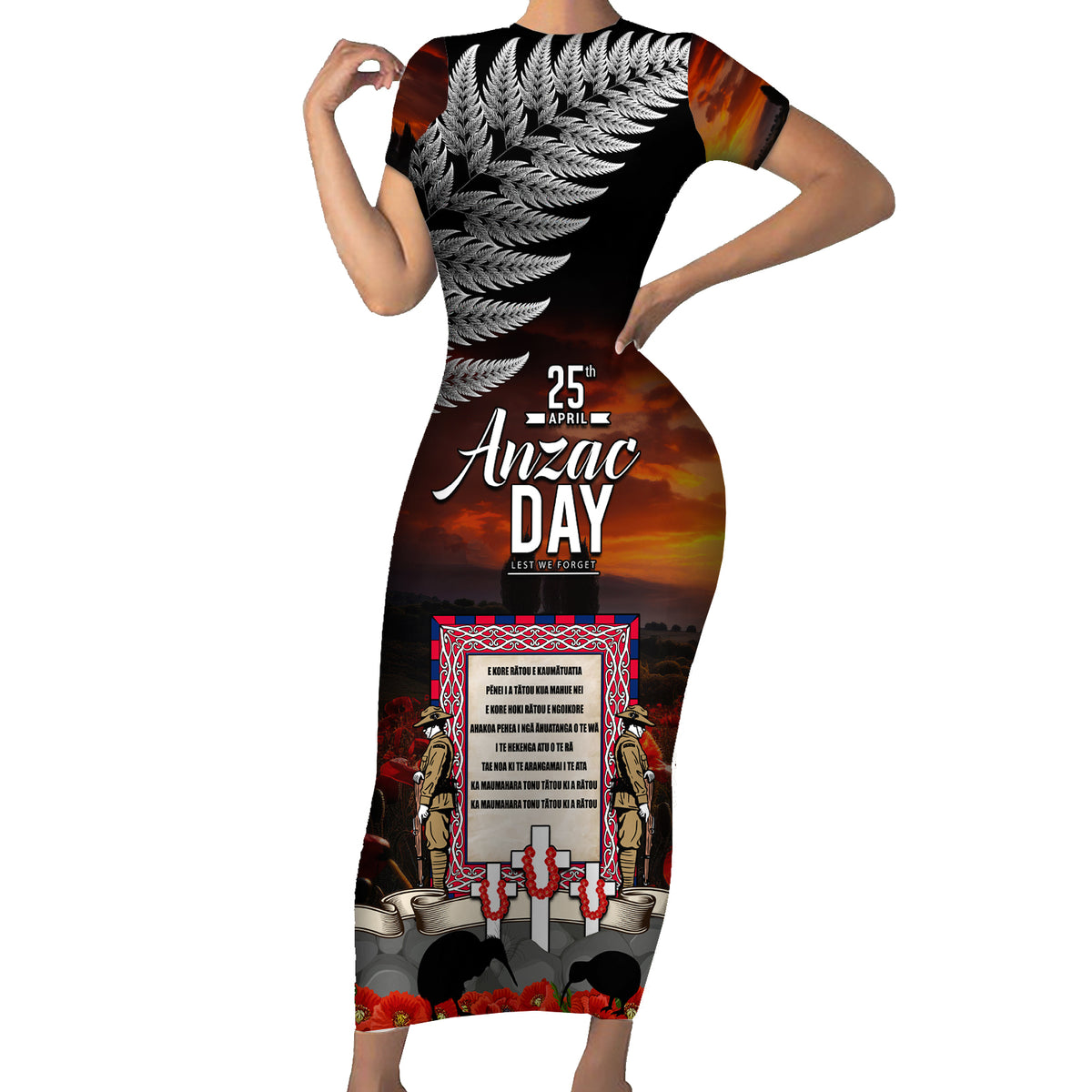 New Zealand ANZAC Day Family Matching Short Sleeve Bodycon Dress and Hawaiian Shirt The Ode of Remembrance and Silver Fern LT03 Mom's Dress Black - Polynesian Pride