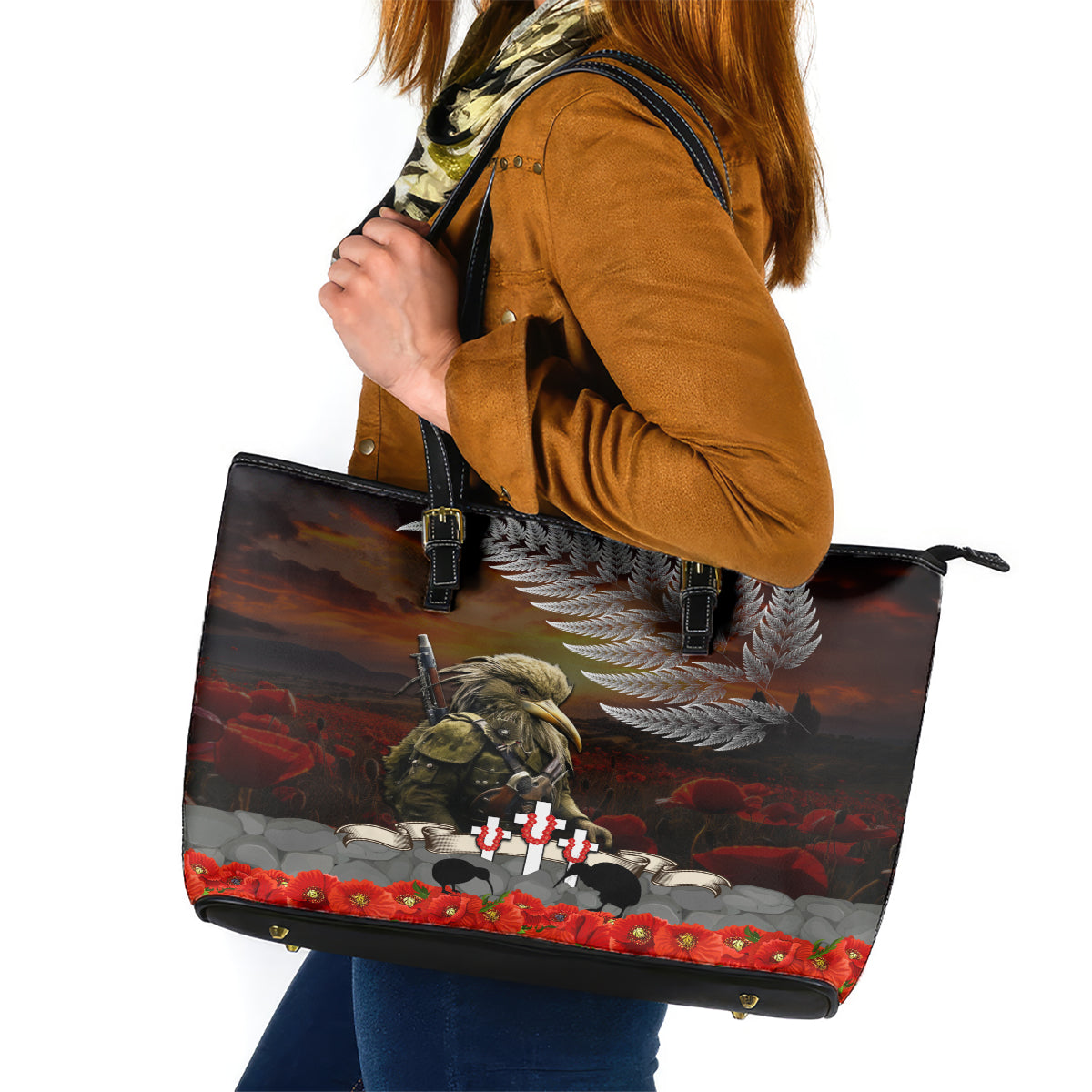 New Zealand ANZAC Day Leather Tote Bag The Ode of Remembrance and Silver Fern