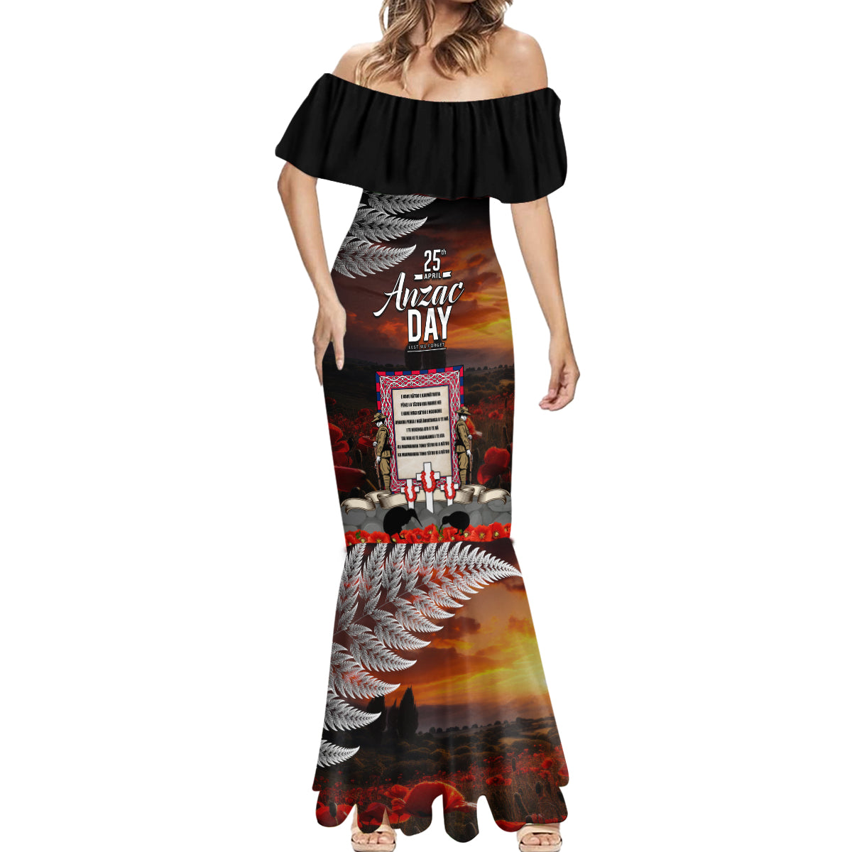New Zealand ANZAC Day Mermaid Dress The Ode of Remembrance and Silver Fern LT03 - Polynesian Pride