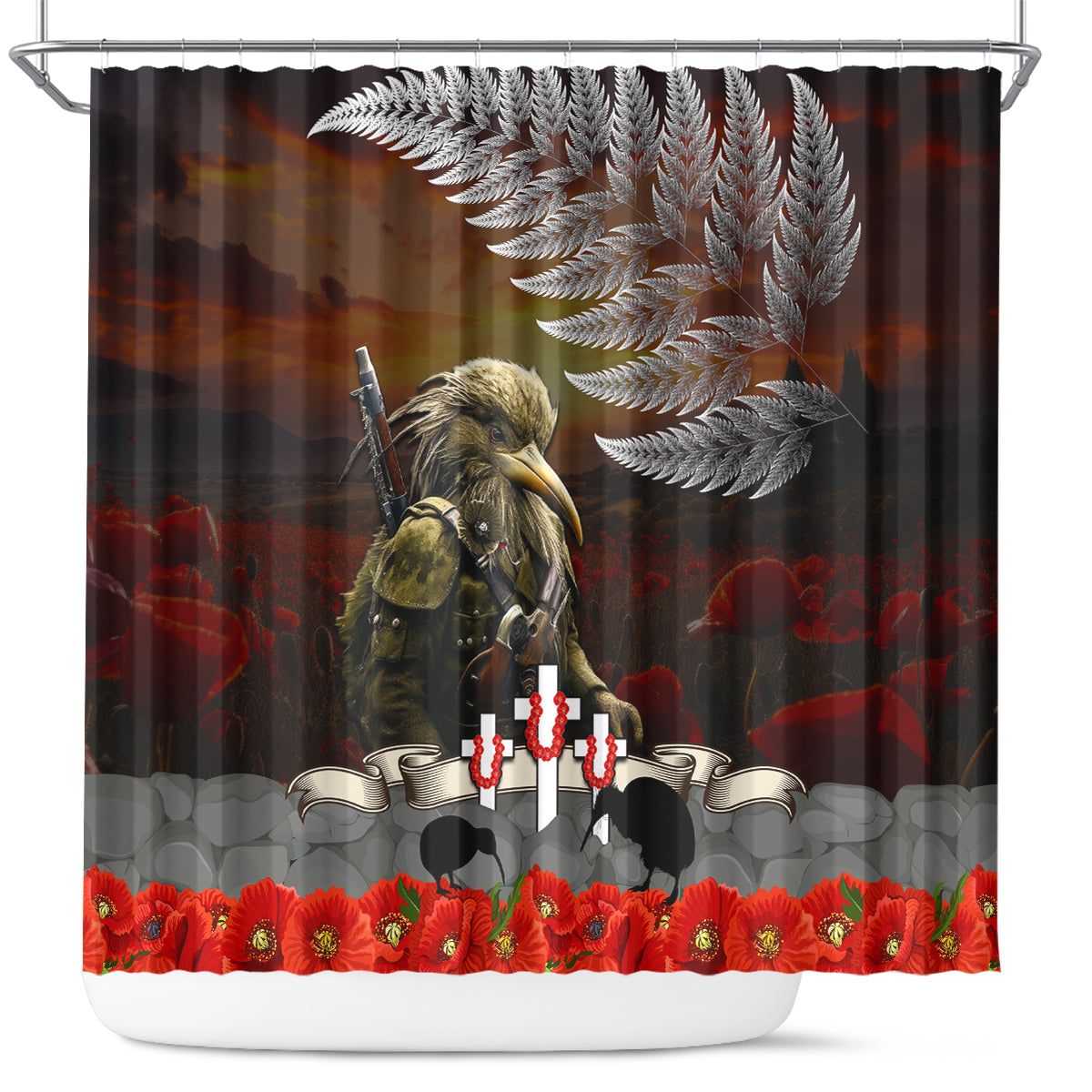 New Zealand ANZAC Day Shower Curtain The Ode of Remembrance and Silver Fern