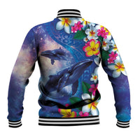 Hawaiian Lei Day Plumeria Humpback Whales Baseball Jacket Polynesian Art Vibrant Starry Nebula Style