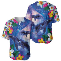 Hawaiian Lei Day Plumeria Humpback Whales Baseball Jersey Polynesian Art Vibrant Starry Nebula Style