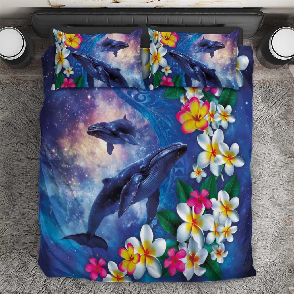 Hawaiian Lei Day Plumeria Humpback Whales Bedding Set Polynesian Art Vibrant Starry Nebula Style