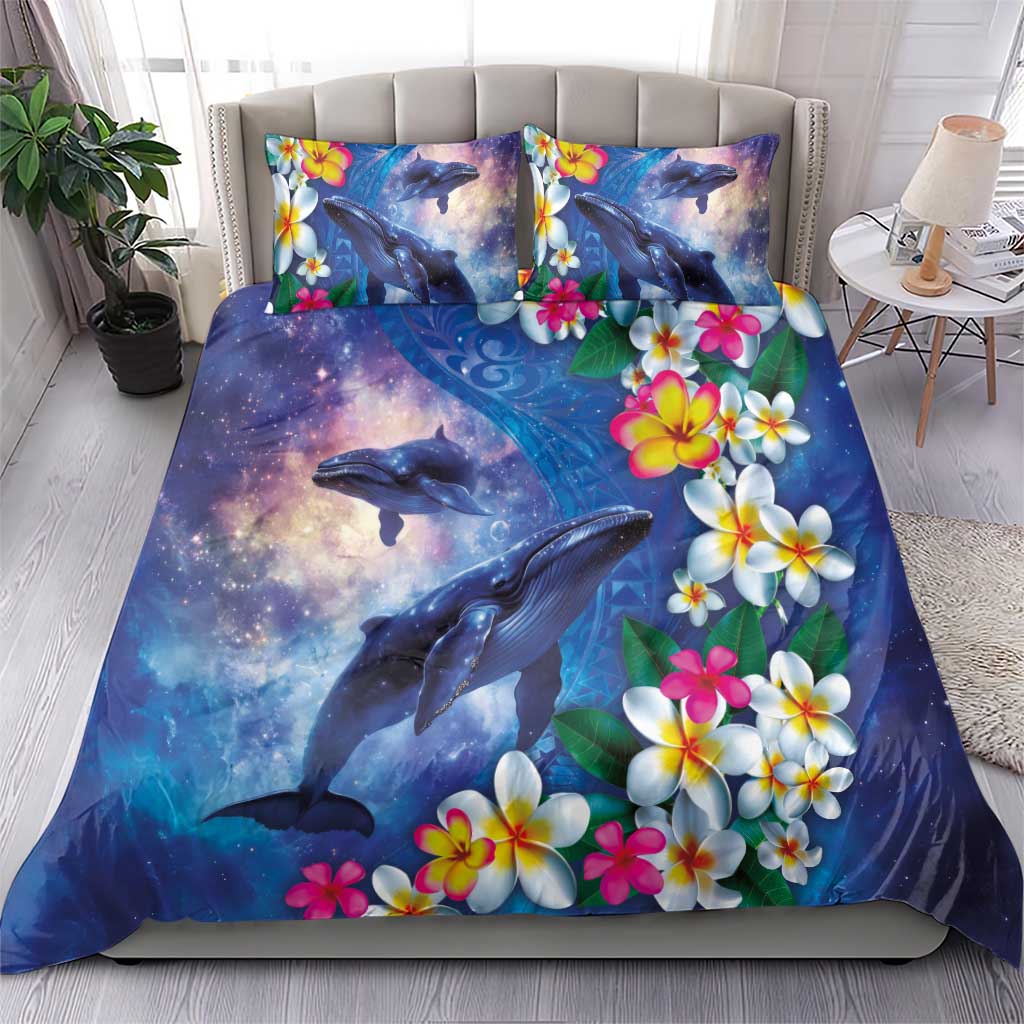 Hawaiian Lei Day Plumeria Humpback Whales Bedding Set Polynesian Art Vibrant Starry Nebula Style