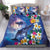 Hawaiian Lei Day Plumeria Humpback Whales Bedding Set Polynesian Art Vibrant Starry Nebula Style