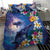 Hawaiian Lei Day Plumeria Humpback Whales Bedding Set Polynesian Art Vibrant Starry Nebula Style