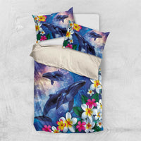 Hawaiian Lei Day Plumeria Humpback Whales Bedding Set Polynesian Art Vibrant Starry Nebula Style
