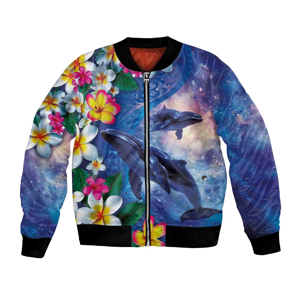 Hawaiian Lei Day Plumeria Humpback Whales Bomber Jacket Polynesian Art Vibrant Starry Nebula Style LT03 Unisex Art - Polynesian Pride