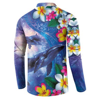 Hawaiian Lei Day Plumeria Humpback Whales Button Sweatshirt Polynesian Art Vibrant Starry Nebula Style