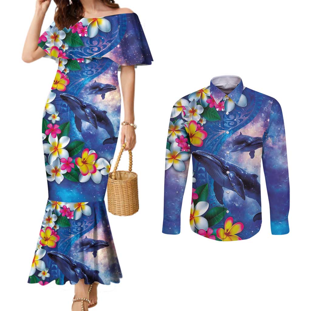 Hawaiian Lei Day Plumeria Humpback Whales Couples Matching Mermaid Dress and Long Sleeve Button Shirt Polynesian Art Vibrant Starry Nebula Style LT03 Art - Polynesian Pride