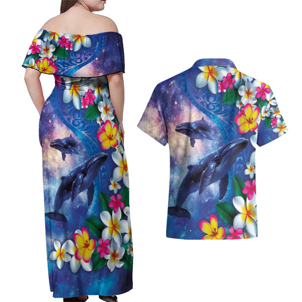 Hawaiian Lei Day Plumeria Humpback Whales Couples Matching Off Shoulder Maxi Dress and Hawaiian Shirt Polynesian Art Vibrant Starry Nebula Style
