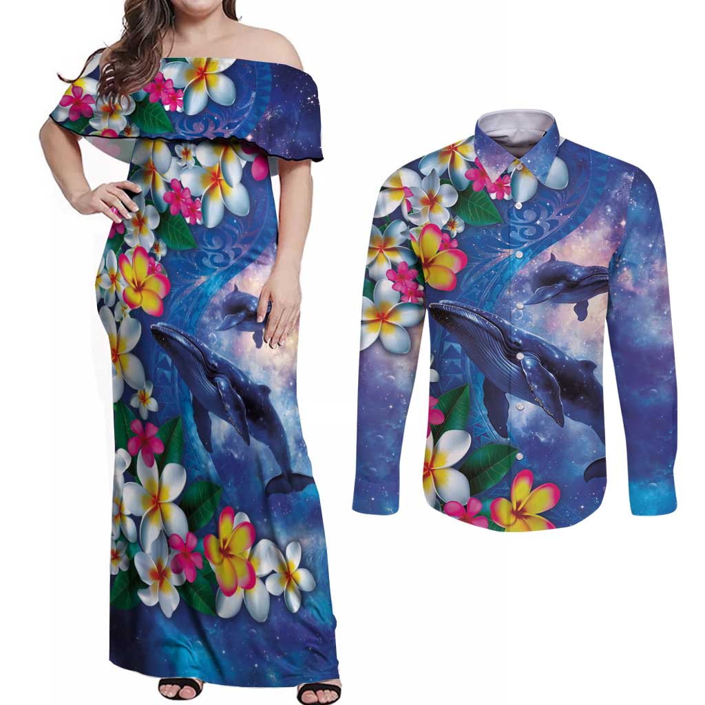 Hawaiian Lei Day Plumeria Humpback Whales Couples Matching Off Shoulder Maxi Dress and Long Sleeve Button Shirt Polynesian Art Vibrant Starry Nebula Style LT03 Art - Polynesian Pride