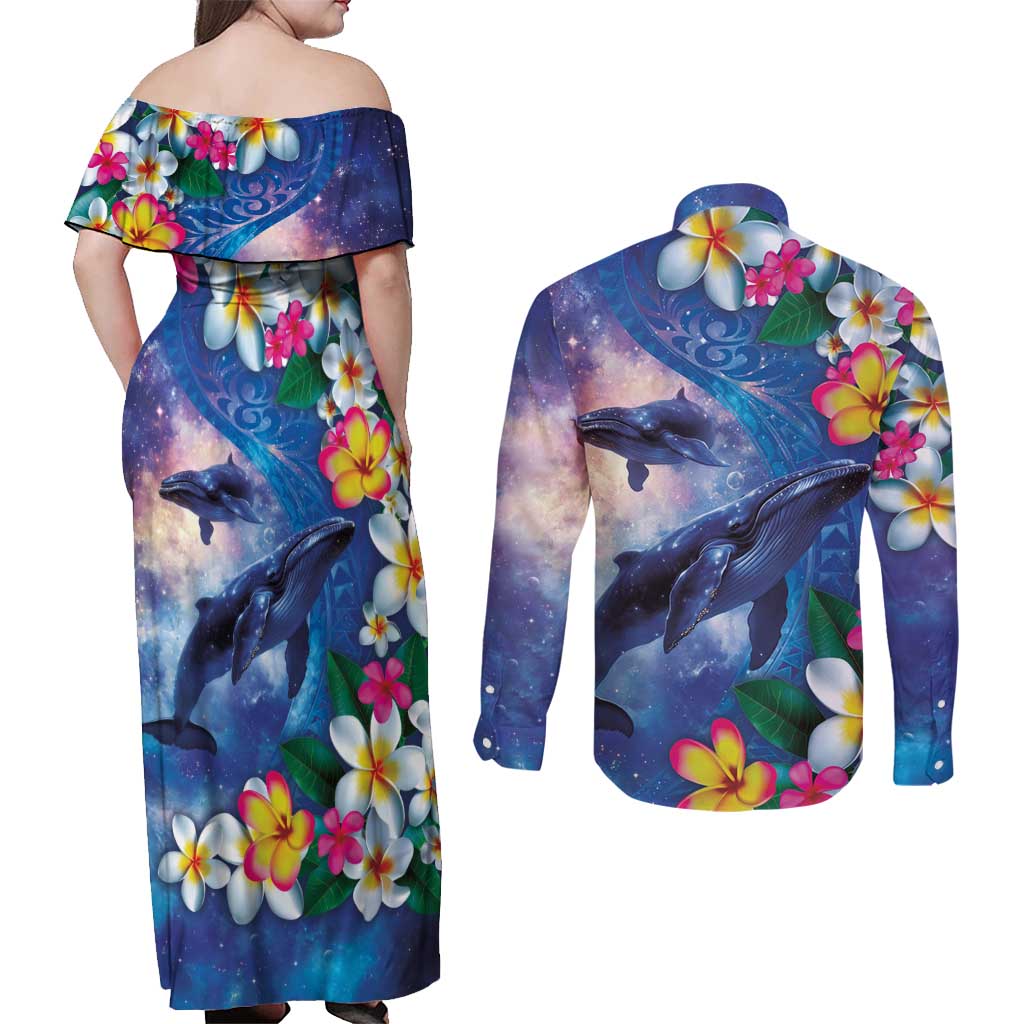 Hawaiian Lei Day Plumeria Humpback Whales Couples Matching Off Shoulder Maxi Dress and Long Sleeve Button Shirt Polynesian Art Vibrant Starry Nebula Style