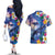 Hawaiian Lei Day Plumeria Humpback Whales Couples Matching Off The Shoulder Long Sleeve Dress and Hawaiian Shirt Polynesian Art Vibrant Starry Nebula Style