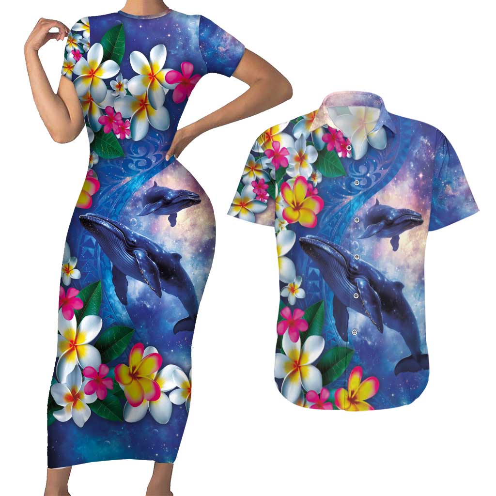 Hawaiian Lei Day Plumeria Humpback Whales Couples Matching Short Sleeve Bodycon Dress and Hawaiian Shirt Polynesian Art Vibrant Starry Nebula Style