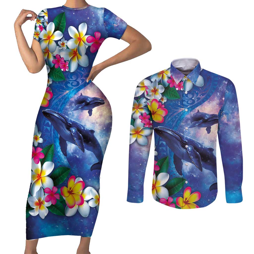 Hawaiian Lei Day Plumeria Humpback Whales Couples Matching Short Sleeve Bodycon Dress and Long Sleeve Button Shirt Polynesian Art Vibrant Starry Nebula Style LT03 Art - Polynesian Pride
