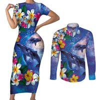Hawaiian Lei Day Plumeria Humpback Whales Couples Matching Short Sleeve Bodycon Dress and Long Sleeve Button Shirt Polynesian Art Vibrant Starry Nebula Style