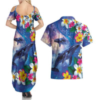 Hawaiian Lei Day Plumeria Humpback Whales Couples Matching Summer Maxi Dress and Hawaiian Shirt Polynesian Art Vibrant Starry Nebula Style