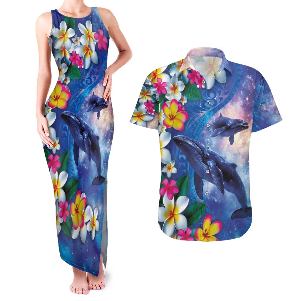 Hawaiian Lei Day Plumeria Humpback Whales Couples Matching Tank Maxi Dress and Hawaiian Shirt Polynesian Art Vibrant Starry Nebula Style