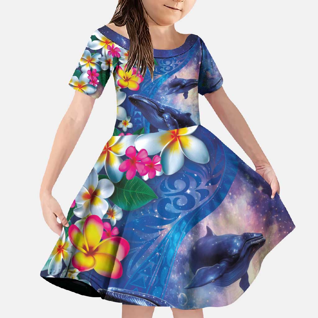 Hawaiian Lei Day Plumeria Humpback Whales Family Matching Long Sleeve Bodycon Dress and Hawaiian Shirt Polynesian Art Vibrant Starry Nebula Style