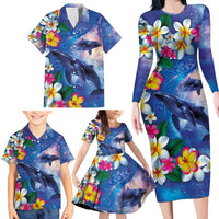 Hawaiian Lei Day Plumeria Humpback Whales Family Matching Long Sleeve Bodycon Dress and Hawaiian Shirt Polynesian Art Vibrant Starry Nebula Style