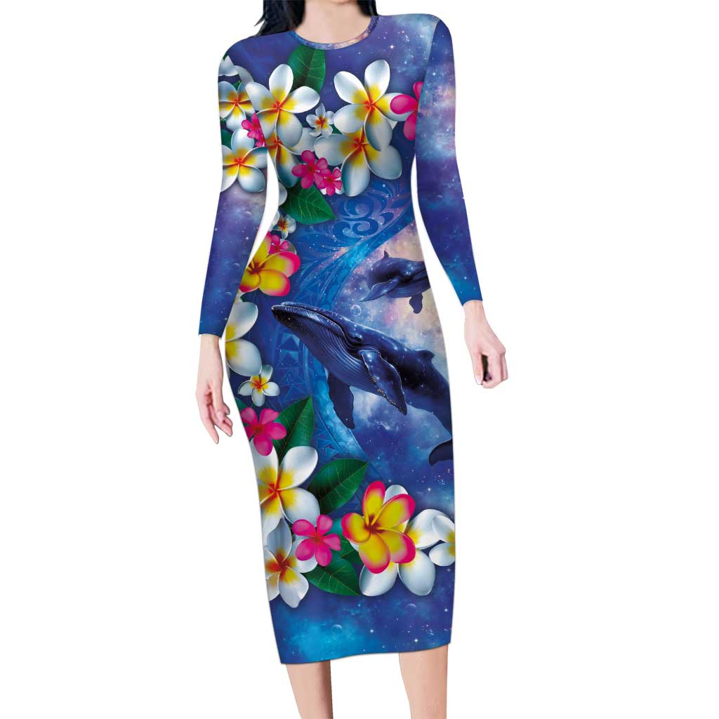 Hawaiian Lei Day Plumeria Humpback Whales Family Matching Long Sleeve Bodycon Dress and Hawaiian Shirt Polynesian Art Vibrant Starry Nebula Style
