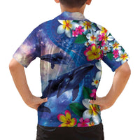 Hawaiian Lei Day Plumeria Humpback Whales Family Matching Off The Shoulder Long Sleeve Dress and Hawaiian Shirt Polynesian Art Vibrant Starry Nebula Style