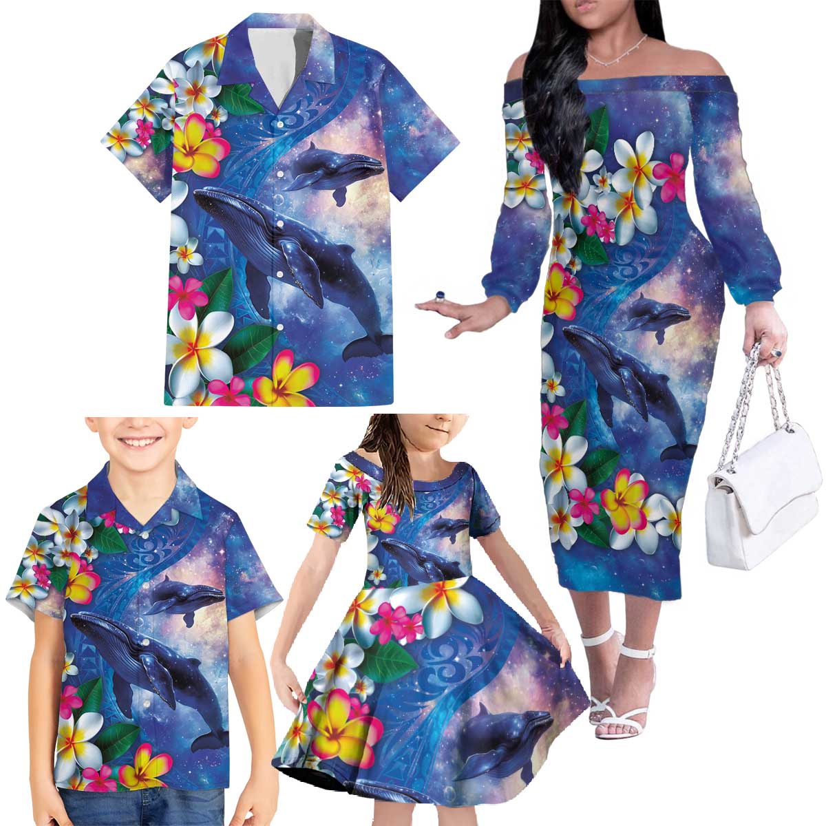Hawaiian Lei Day Plumeria Humpback Whales Family Matching Off The Shoulder Long Sleeve Dress and Hawaiian Shirt Polynesian Art Vibrant Starry Nebula Style