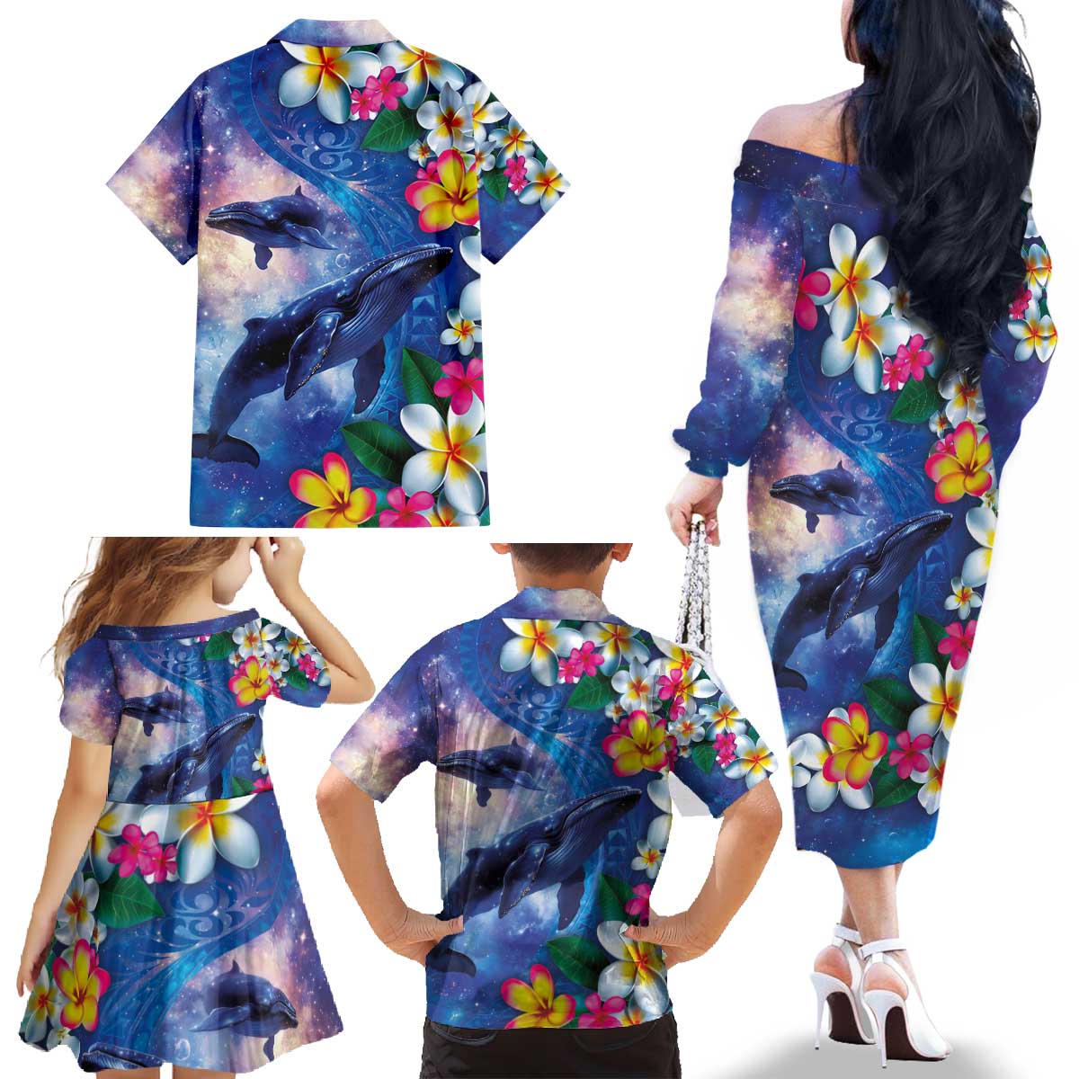 Hawaiian Lei Day Plumeria Humpback Whales Family Matching Off The Shoulder Long Sleeve Dress and Hawaiian Shirt Polynesian Art Vibrant Starry Nebula Style