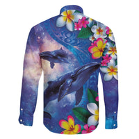 Hawaiian Lei Day Plumeria Humpback Whales Family Matching Off The Shoulder Long Sleeve Dress and Hawaiian Shirt Polynesian Art Vibrant Starry Nebula Style