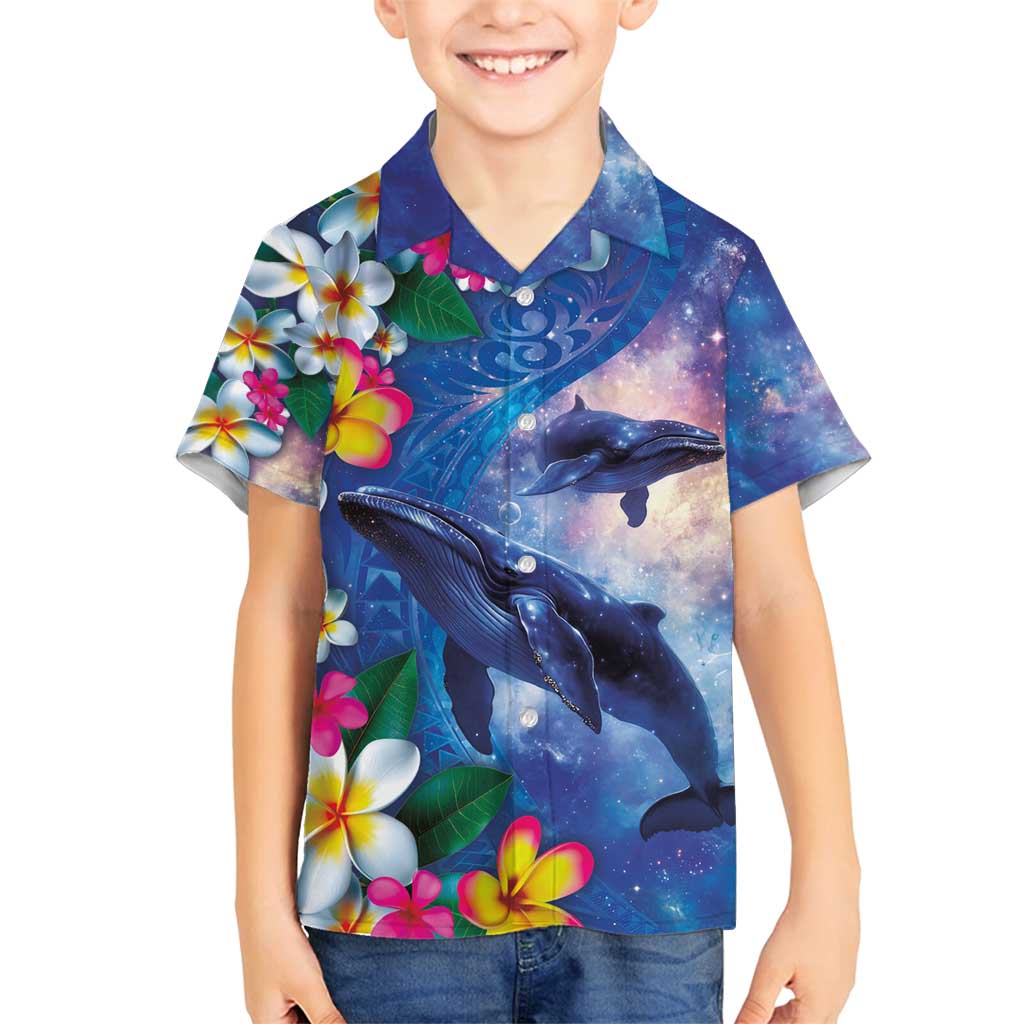 Hawaiian Lei Day Plumeria Humpback Whales Family Matching Off Shoulder Maxi Dress and Hawaiian Shirt Polynesian Art Vibrant Starry Nebula Style