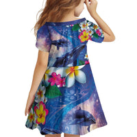 Hawaiian Lei Day Plumeria Humpback Whales Family Matching Off Shoulder Short Dress and Hawaiian Shirt Polynesian Art Vibrant Starry Nebula Style LT03 - Polynesian Pride