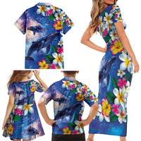 Hawaiian Lei Day Plumeria Humpback Whales Family Matching Short Sleeve Bodycon Dress and Hawaiian Shirt Polynesian Art Vibrant Starry Nebula Style