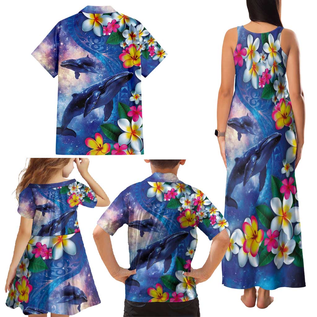 Hawaiian Lei Day Plumeria Humpback Whales Family Matching Tank Maxi Dress and Hawaiian Shirt Polynesian Art Vibrant Starry Nebula Style