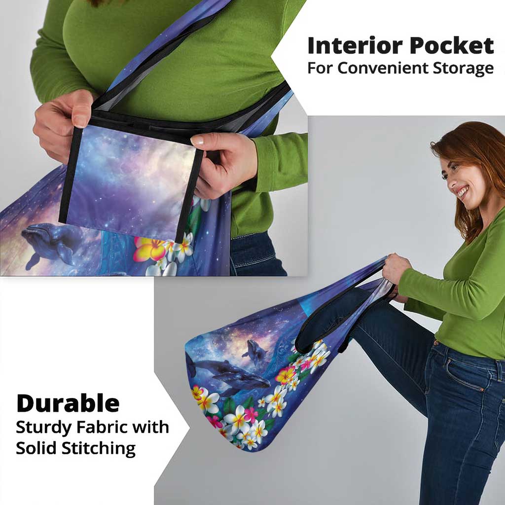 Hawaiian Lei Day Plumeria Humpback Whales Grocery Bag Polynesian Art Vibrant Starry Nebula Style