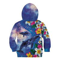 Hawaiian Lei Day Plumeria Humpback Whales Kid Hoodie Polynesian Art Vibrant Starry Nebula Style