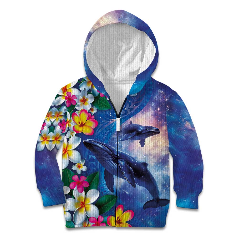 Hawaiian Lei Day Plumeria Humpback Whales Kid Hoodie Polynesian Art Vibrant Starry Nebula Style