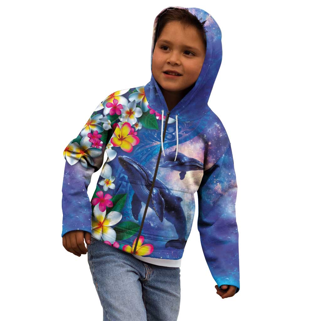 Hawaiian Lei Day Plumeria Humpback Whales Kid Hoodie Polynesian Art Vibrant Starry Nebula Style