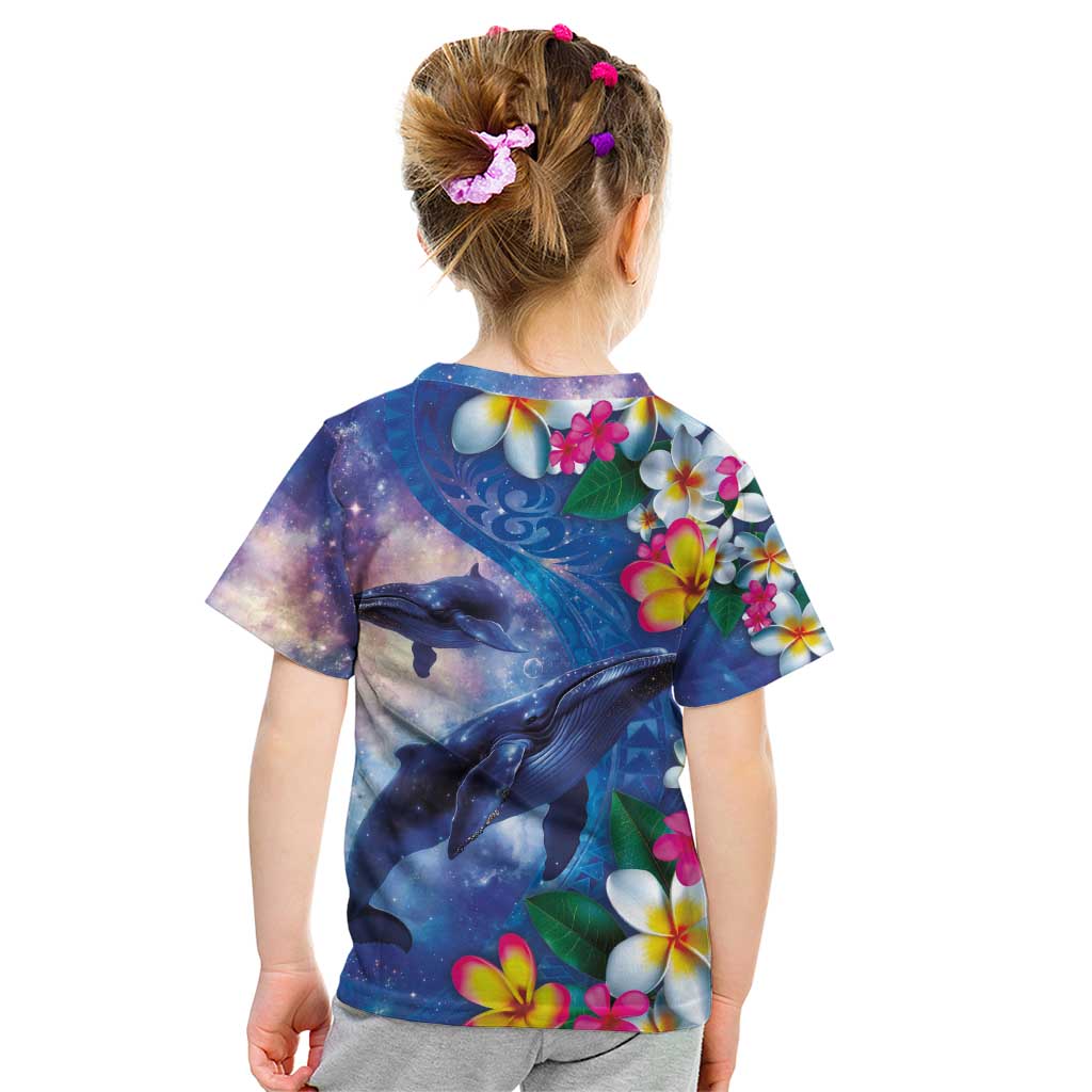 Hawaiian Lei Day Plumeria Humpback Whales Kid T Shirt Polynesian Art Vibrant Starry Nebula Style