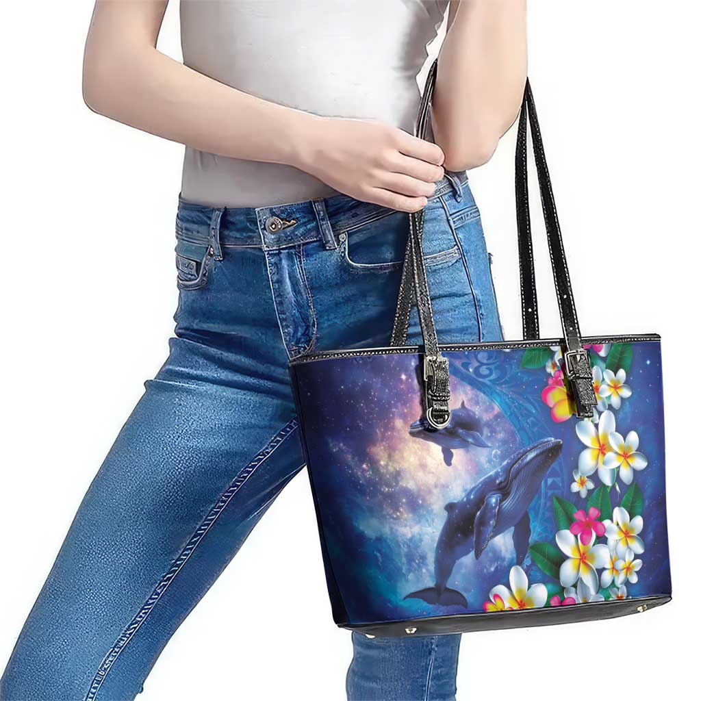Hawaiian Lei Day Plumeria Humpback Whales Leather Tote Bag Polynesian Art Vibrant Starry Nebula Style