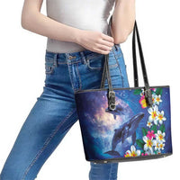 Hawaiian Lei Day Plumeria Humpback Whales Leather Tote Bag Polynesian Art Vibrant Starry Nebula Style