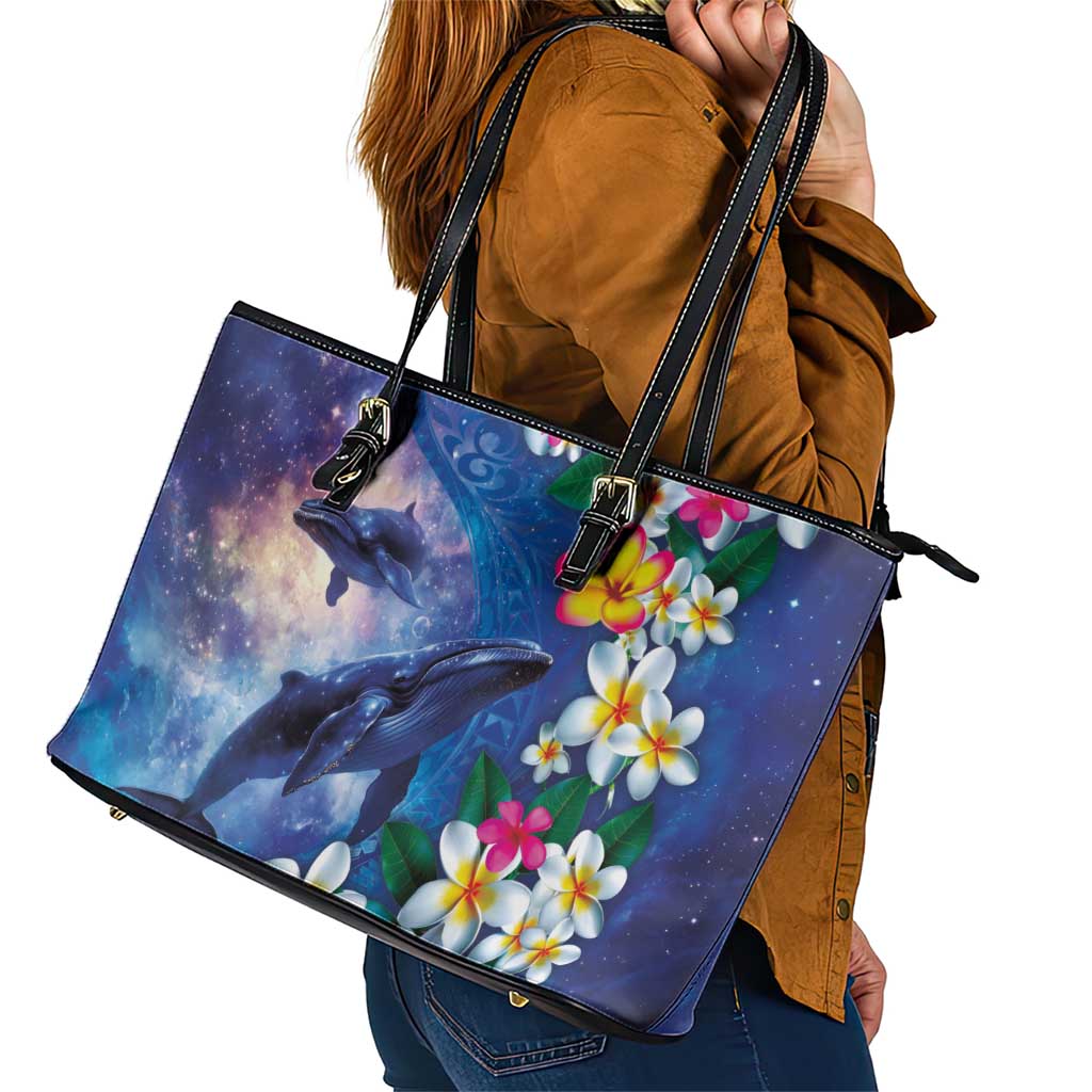 Hawaiian Lei Day Plumeria Humpback Whales Leather Tote Bag Polynesian Art Vibrant Starry Nebula Style
