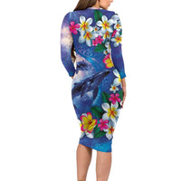 Hawaiian Lei Day Plumeria Humpback Whales Long Sleeve Bodycon Dress Polynesian Art Vibrant Starry Nebula Style