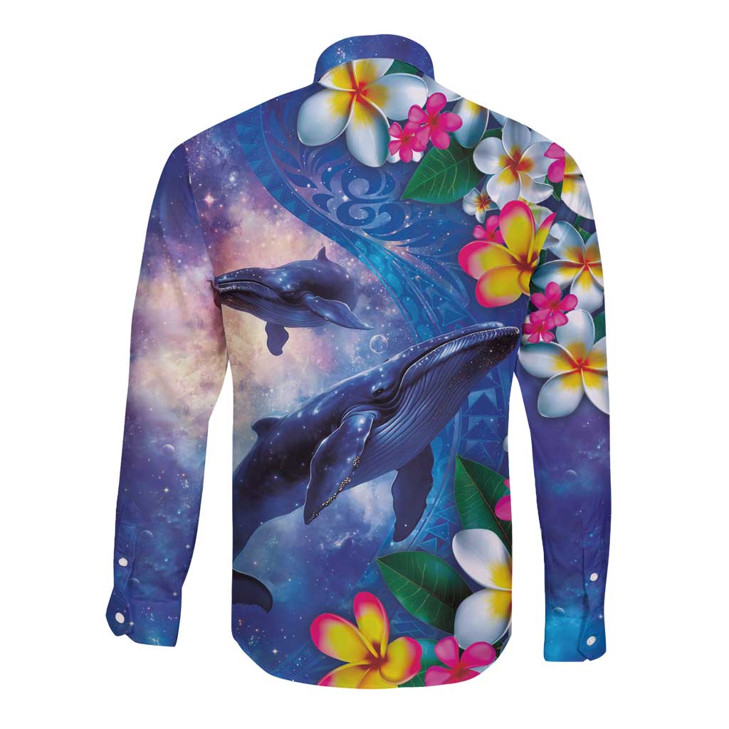 Hawaiian Lei Day Plumeria Humpback Whales Long Sleeve Button Shirt Polynesian Art Vibrant Starry Nebula Style