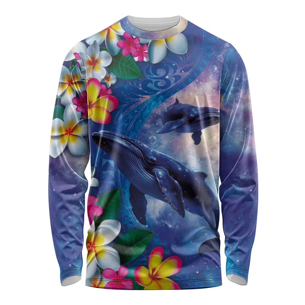 Hawaiian Lei Day Plumeria Humpback Whales Long Sleeve Shirt Polynesian Art Vibrant Starry Nebula Style