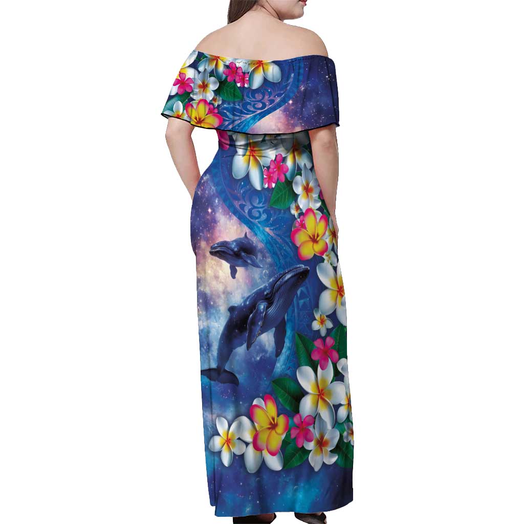 Hawaiian Lei Day Plumeria Humpback Whales Off Shoulder Maxi Dress Polynesian Art Vibrant Starry Nebula Style